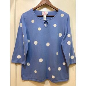 Quacker Factory Womens Blue Polka Dot Knit Sweater Top Medium 3/4 Sleeve Keyhole